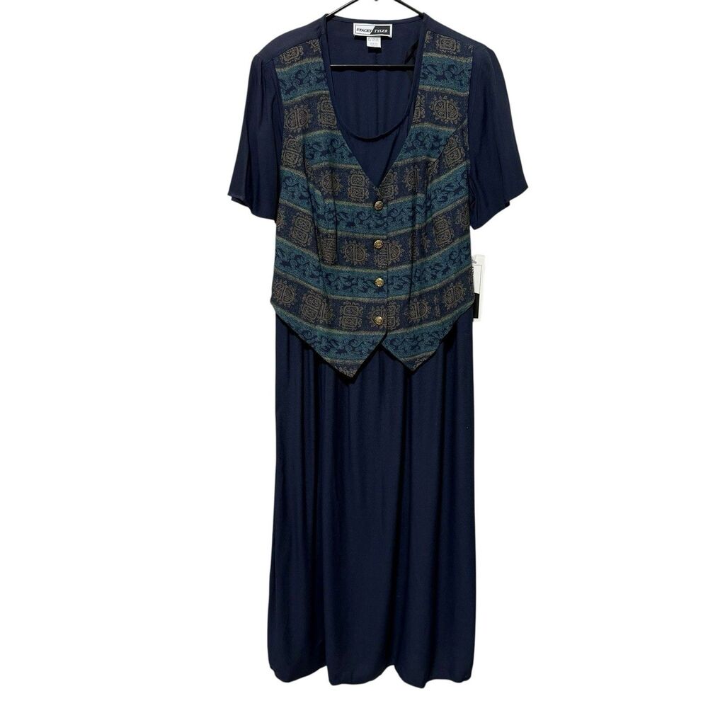 Stacey Tyler Vintage Navy Blue Midi Dress 18 Vest Overlay Made USA